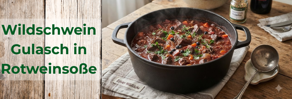 Wildschwein Gulasch in Rotweinsoe